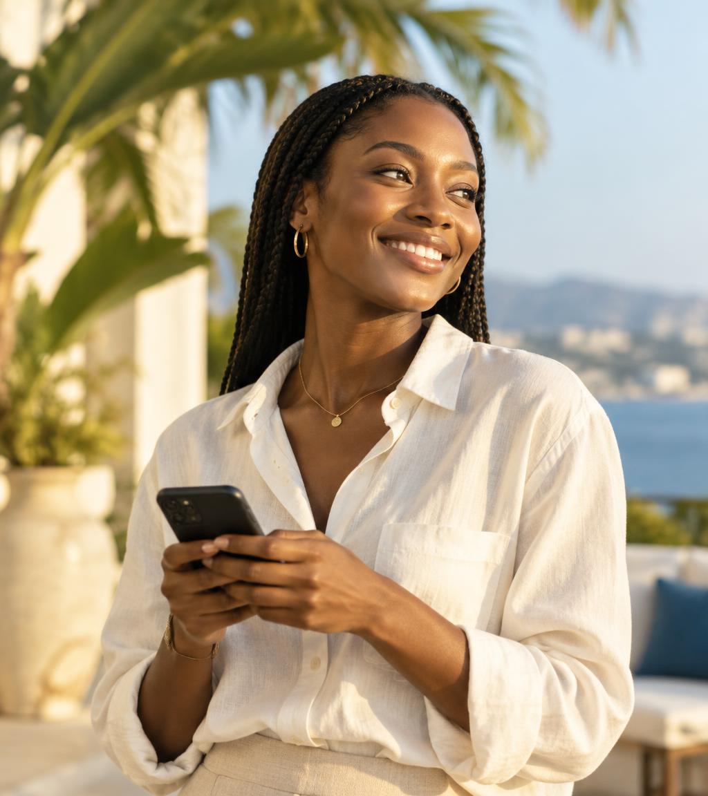 Smiling woman using BoundlessPay on her phone